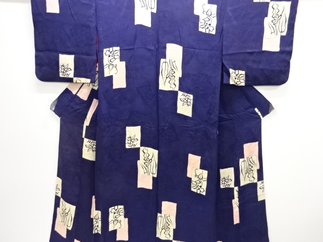 アンティーク　紋錦紗色紙に抽象草花模様着物